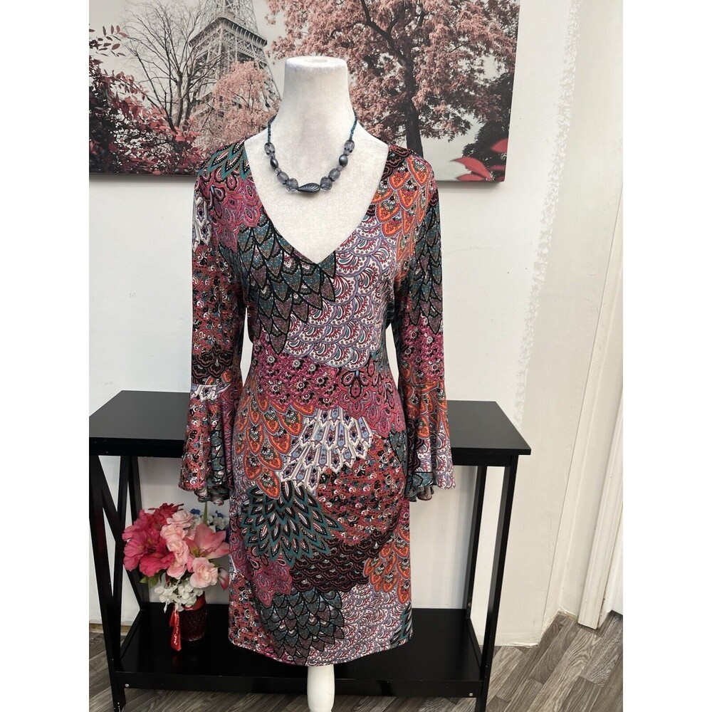 MSK Women's Paisley Bell Long  Sleeve Shift Dress Size L V Neck Pullover